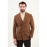 Düz Slim Fit Geniş Yaka Kruvaze Metal Düğmeli Erkek Ceket - Kamel - 52
