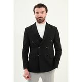 Düz Slim Fit Geniş Yaka Kruvaze Metal Düğmeli Erkek Ceket - Siyah - 48