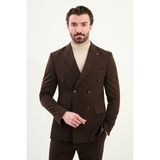Düz Slim Fit Geniş Yaka Punto Dikiş Kruvaze Erkek Takım Elbise - Koyu Kahverengi - 6 Drop - 56