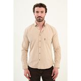Düz Slim Fit Nakış Detaylı Kadife Erkek Gömlek - 2XL - Bej