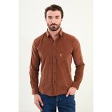 Düz Slim Fit Nakış Detaylı Kadife Erkek Gömlek - 2XL - Kamel