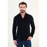Düz Slim Fit Nakış Detaylı Kadife Erkek Gömlek - 2XL - Lacivert