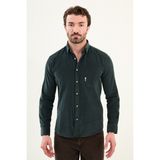 Düz Slim Fit Nakış Detaylı Kadife Erkek Gömlek - 2XL - Zümrüt