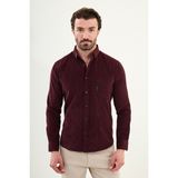 Düz Slim Fit Nakış Detaylı Kadife Erkek Gömlek - Bordo