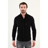 Düz Slim Fit Nakış Detaylı Kadife Erkek Gömlek - Siyah
