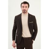 Düz Slim Fit Torba Cep Detaylı Mono Yaka Yün Erkek Ceket - Kahverengi - 54