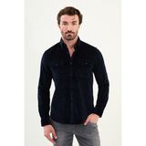 Düz Slim Fit Uzun Kollu Kadife Erkek Gömlek - 2XL - Lacivert