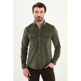 Düz Slim Fit Uzun Kollu Kadife Erkek Gömlek - Haki
