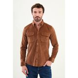Düz Slim Fit Uzun Kollu Kadife Erkek Gömlek - Kamel
