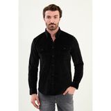 Düz Slim Fit Uzun Kollu Kadife Erkek Gömlek - Siyah