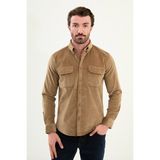 Düz Slim Fit Uzun Kollu Kadife Erkek Gömlek - Vizon