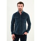 Düz Slim Fit Uzun Kollu Kadife Erkek Gömlek - XL - Zümrüt