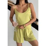 Düz Yağ Yeşili Askılı ve Şortlu Floş Saten Pijama Takımı