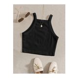 Düz Yaka Askılı Siyah Renk Fitilli Crop Top Büstiyer