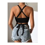 Düz Yaka Çapraz Bağcıklı Askılı Siyah Renk Fitilli Crop Top Bluz