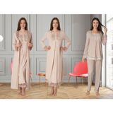 Dvina Effortt Lohusa 4'lü Set - Sabahlık/pijama Takımı/gecelik Bej - 3046 - 2XL