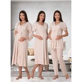 Dvina Effortt Lohusa 4'lü Set - Sabahlık/pijama Takımı/gecelik Bej - 8026 - 2XL