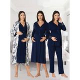 Dvina Effortt Lohusa 4'lü Set - Sabahlık/pijama Takımı/gecelik Lacivert - 8096 - XL