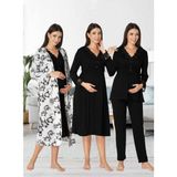 Dvina Effortt Lohusa 4'lü Set - Sabahlık/pijama Takımı/gecelik Siyah - 8096 - XL