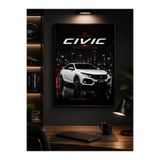dwarıa Honda Civic Beyaz Araba Posteri – Gece Şehir Manzaralı Japon Otomobil Duvar Tablosu, Ofis ve Oda Dekoru