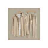 dwnwear Erkek Bej Bürümcük Takım - Eşofman Rahatlığında Günlük Gömlek Pantolon Set