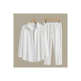 dwnwear Erkek Beyaz Bürümcük Takım - Eşofman Rahatlığında Günlük Gömlek Pantolon Set