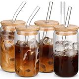 DWTS DANWEITESI Kapaklı ve Pipetli Cam Bardaklar 4 adet,Kahve Barı Aksesuarları için 16oz İçme Bardakları Seti,Kapaklı Buzlu Kahve Fincanları,Matcha Kupası Cam Bardak Hediyeler için Yeniden