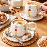 Dyris 2’li Renkli Kahve Fincanı Seti 7 cm Fincan 12 cm Tabak Espresso Cappuccino Americano - Beyaz- Renkli