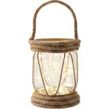 Dyrıs Rustik Halatlı Cam Fener 20X10 cm – Pilli Peri Ledli Askılı Balkon & Bahçe Lambası - 3000K - Gün Işığı