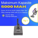 Dyson V8 SV10 SV25 Carbon Fiber Tip1 Dikey Süpürge 5000 mAh 21.6 V Batarya – Orjinal Uyumlu Uzun Ömürlü, Yüksek Performans Pil