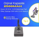 Dyson V8 SV10 SV25 Motorhead Tip2 Dikey Süpürge 2500 mAh 21.6 V Batarya – Orjinal Uyumlu Uzun Ömürlü, Yüksek Performans Pil