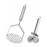 Dystopia Paslanmaz Metal Patates Ezici 26 cm ve Çiftli Hamur Kesici Pizza Ruleti Çift Bıçaklı Hamur Kesici - Metal Gri