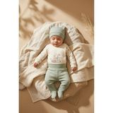 Dyzstar Nova Pamuklu 3 Lü Bebek Takımı - 0-3 Ay Mint Yeşili Fitilli Legging, Uzay Temalı Kruvaze Üst Alt ve Bere Seti - 0 - 3 Ay - Renkli