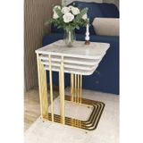 Dzgn Home İmaj Tekerlekli 4 Lü Zigon Sehpa Gold- Beyaz Mermer Mdf