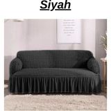 E Bahar Bürümcük 3 Kişilik Koltuk Örtüsü. Etekli Streç Esnek Lastikli Çekyat Kanepe Kılıfı - 180 x 230 cm - Siyah