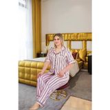 E Bulurum Büyük Beden Şık Tasarım Pembe Siyah Çizgili Düğmeli Kısa Kol Lüx Saten Pijama Takımı