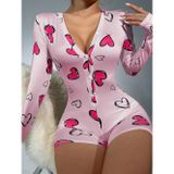E Bulurum Pamuklu Pembe Kalp Desenli Düğmeli Uzun Kol Tulum Pijama