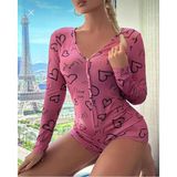 E Bulurum Pamuklu Pembe Siyah Kalp Desenli Düğmeli Uzun Kol Tulum Pijama