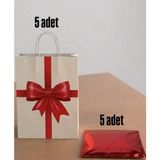 e ERTA 25X31 cm 5 Adet Kurdele Desenli Kraft ÇANTA,25X35 cm 5 Adet Kırmızı Renkli Metalize Hediye Poşeti - 25x31 - 25x35