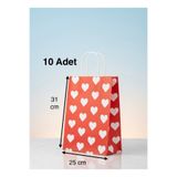 e Erta Beyaz Kalp Desenli Kırmızı Kraft Çanta 25x31Cm 10 Adet Hediye Poşeti,Hediye Paketi Kraft Kağıt Çanta