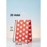 e ERTA Beyaz Kalp Desenli Kırmızı Kraft Çanta 25X31CM 20 Adet Hediye Poşeti,hediye Paketi Kraft Kağıt Çanta - 25 x 31 cm