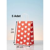 e ERTA Beyaz Kalp Desenli Kırmızı Kraft Çanta 25X31CM 5 Adet Hediye Poşeti,hediye Paketi Kraft Kağıt Çanta - 25 x 31 cm