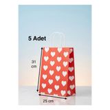 e Erta Beyaz Kalp Desenli Kırmızı Kraft Çanta 25x31Cm 5 Adet Hediye Poşeti,Hediye Paketi Kraft Kağıt Çanta