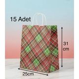 e ERTA Ekose Desenli Kraft Çanta 25X31 cm -15 Adet- Hediye Poşeti , Hediye Paketi Kraft Kağıt Çanta - 25 x 31 cm