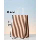 e ERTA Kahverengi ve Krem Çizgili Kraft Çanta 25X31CM 10 Adet Hediye Poşeti,hediye Paketi Kraft Kağıt Çanta - 25 x 31 cm