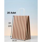 e ERTA Kahverengi ve Krem Çizgili Kraft Çanta 25X31CM 20 Adet Hediye Poşeti,hediye Paketi Kraft Kağıt Çanta - 25 x 31 cm