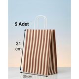 e ERTA Kahverengi ve Krem Çizgili Kraft Çanta 25X31CM 5 Adet Hediye Poşeti,hediye Paketi Kraft Kağıt Çanta - 25 x 31 cm