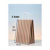 e Erta Kahverengi Ve Krem Çizgili Kraft Çanta 25x31Cm 5 Adet Hediye Poşeti,Hediye Paketi Kraft Kağıt Çanta