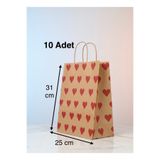 e Erta Kırmızı Kalp Desenli Kraft Çanta 25x31 Cm 10 Adet Hediye Poşeti, Hediye Paketi Kraft Kağıt Çanta