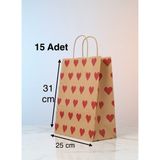 e ERTA Kırmızı Kalp Desenli Kraft Çanta 25X31 cm 15 Adet Hediye Poşeti, Hediye Paketi Kraft Kağıt Çanta - 25 x 31 cm